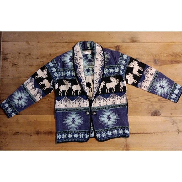 Flashback Jackets & Blazers - Vtg Flashback Southwest Moose Tapestry Jacket Womens S Aztec Blue Coat Blanket